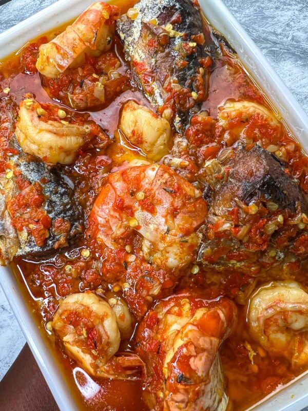 Mackerel fish and prawn sauce