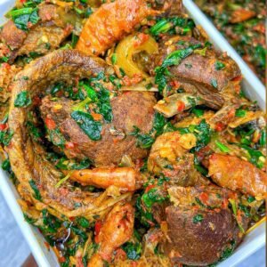 Efo riro pro max (Goat meat, Eja kika and assorted meats)