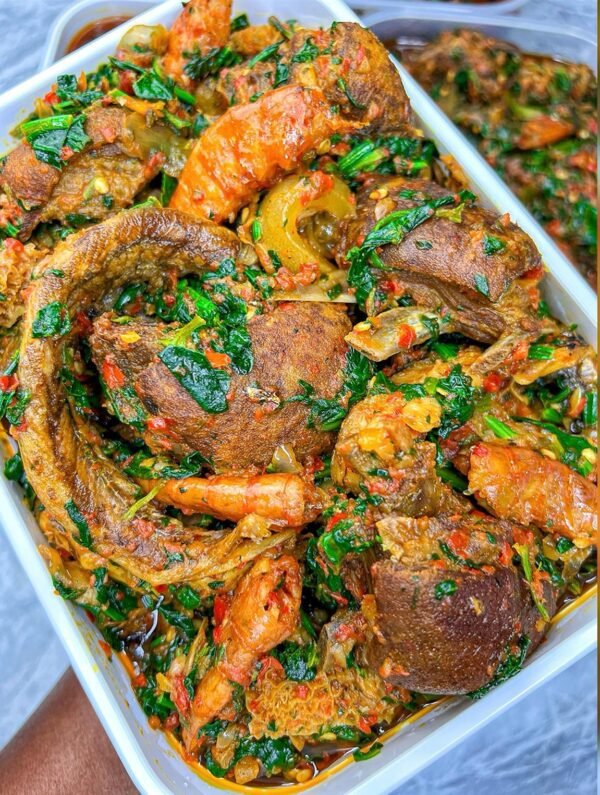 Efo riro pro max (Goat meat, Eja kika and assorted meats)