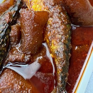 Agoyin sauce with fried mackerel fish and Ponmo