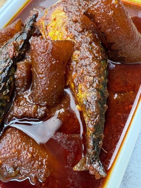 Agoyin sauce with fried mackerel fish and Ponmo