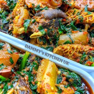 Efo riro pro max (Goat meat, Eja kika and assorted meats)